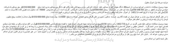 مزایده فروش 70000 عدد محلول ضدعفونی کننده 70درصد با حجم 250میلی لیتر مدل ایرشا
