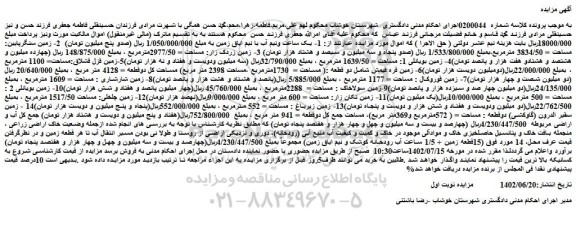 مزایده فروش یک ساعت ونیم آب با نیم ایاق زمین و...