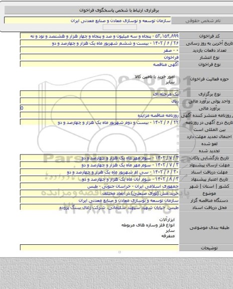 مناقصه, خرید مش (توری صنعتی) در ابعاد مختلف
