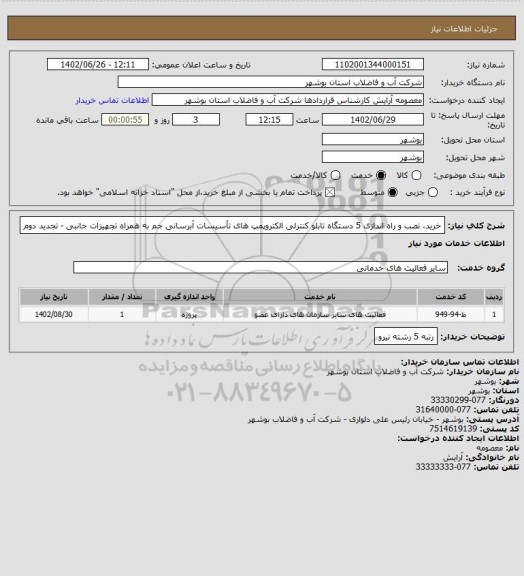 استعلام خرید، نصب و راه اندازی 5 دستگاه تابلو کنترلی الکتروپمپ های تأسیسات آبرسانی جم  به همراه تجهیزات جانبی - تجدید دوم