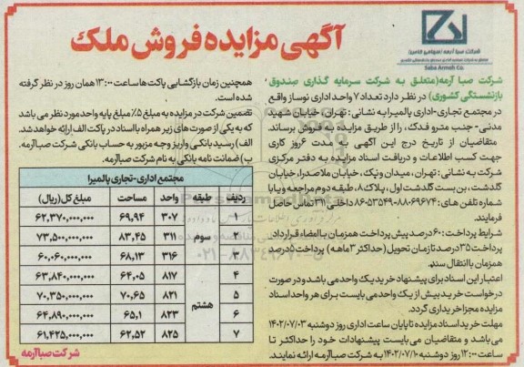 مزایده فروش 7 واحد اداری نوساز