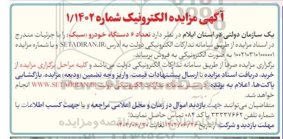 مزایده فروش تعداد 6 دستگاه خودرو (سبک)