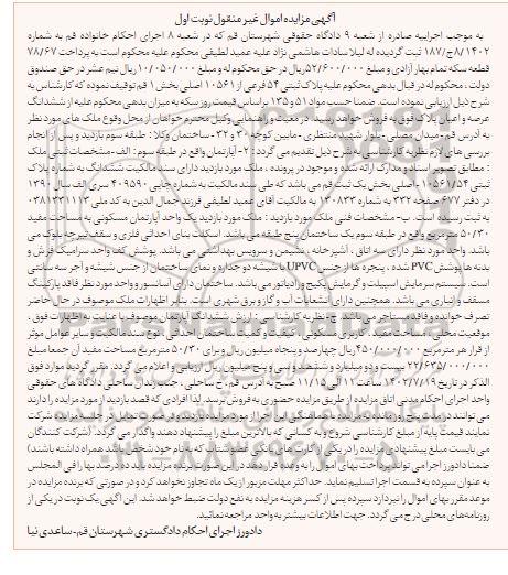 مزایده فروش پلاک ثبتی 54 فرعی از 1056 اصلی