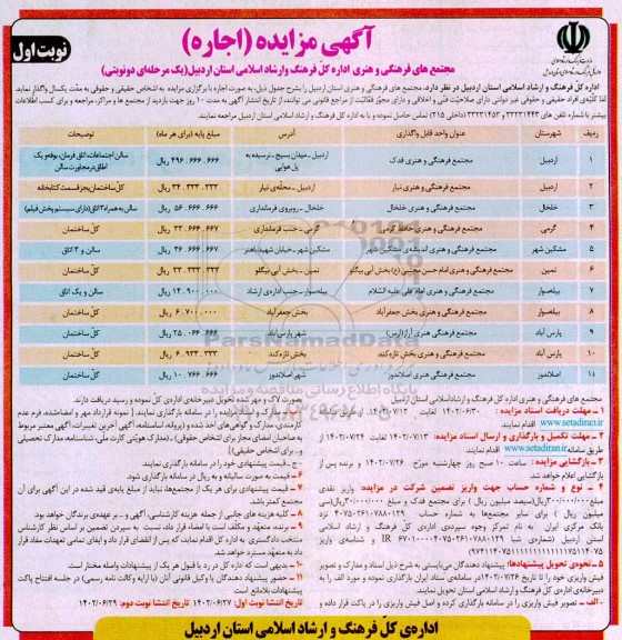 مزایده اجاره مجتمع فرهنگی و هنری