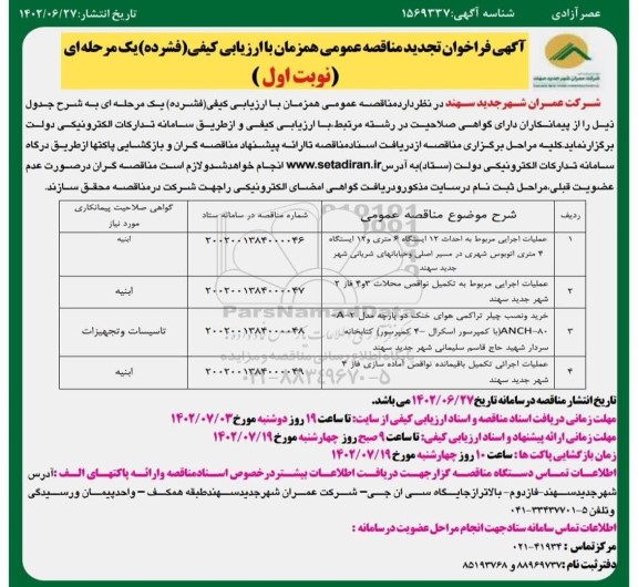 مناقصه خرید و نصب چیلر تراکمی هوای خنک دو پارچه و غیره ....