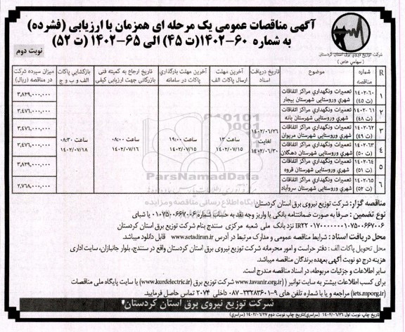مناقصه تعمیرات و نگهداری مراکز اتفاقات شهری و روستایی ....