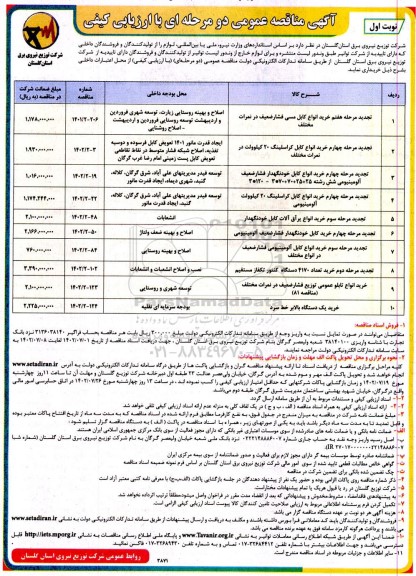مناقصه تجدید مرحله هفتم خرید انواع کابل مسی فشار ضعیف در نمرات مختلف....