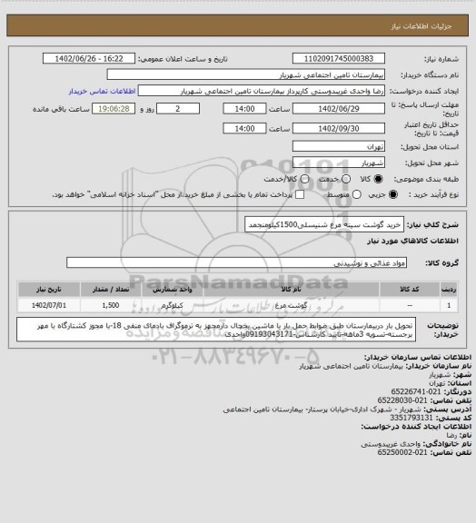 استعلام خرید گوشت سینه مرغ شنیسلی1500کیلومنجمد