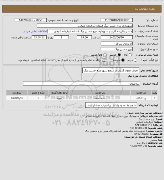 استعلام اجرای جدول گذاری در سطح شهر دیزج حسین بیگ