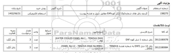 استعلام الکترونیکی، 2ردیف پانل های شماره1و12 شل کورهEAF مطابق دیتیل و نقشه پیوست