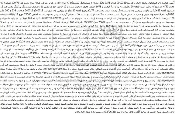 آگهی مزایده 0/53 دانگ مشاع ازششدانگ یکدستگاه آپارتمان واقع در جنوب شرقی طبقه سوم بمساحت 129/70 مترمربع