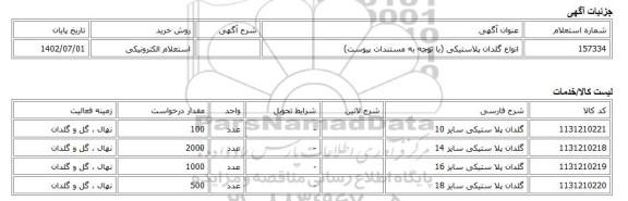 استعلام الکترونیکی، انواع گلدان پلاستیکی (با توجه به مستندات پیوست)