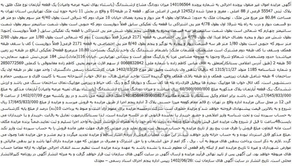 آگهی مزایده دودانگ مشاع ازششدانگ (باسثناء بهای ثمینه عرصه واعیان) یک قطعه آپارتمان نوع ملک طلق به پلاک ثبتی 55547 فرعی از 88 اصلی