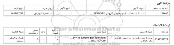 استعلام الکترونیکی، ست 6 عددی کیت آب بندی پمپ کارواش BERTOLINI