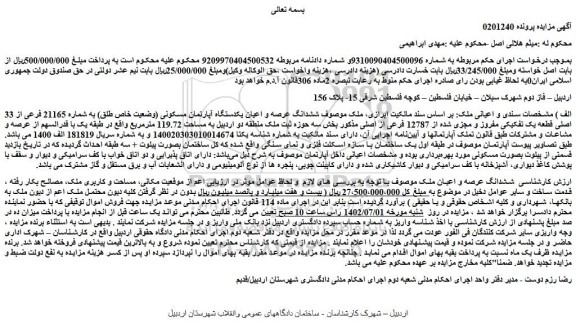 مزایده فروش ششدانگ عرصه و اعیان یکدستگاه آپارتمان مسکونی (وضعیت خاص طلق) به شماره 21165 فرعی از 33 اصلی قطعه یک تفکیکی مفروز و مجزی شده از 12787 فرعی از اصلی  