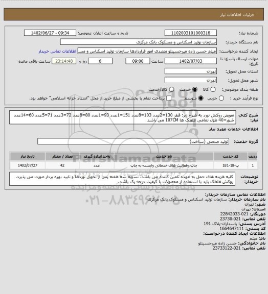 استعلام تعویض روکش نورد به شرح زیر:
قطر 130=2عدد 103=8عدد 151=1عدد 93=1عدد 80=8عدد 72=3عدد 71=5عدد 60=14عدد
شور=40
طول تمامی غلطک ها 107CM می باشد