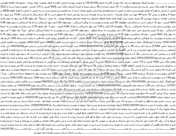 آگهی مزایده  24 شعیر مشاع از 96 شعیر عرصه و اعیان آپارتمان پلاک ثبتی 9928 فرعی از 175 اصلی