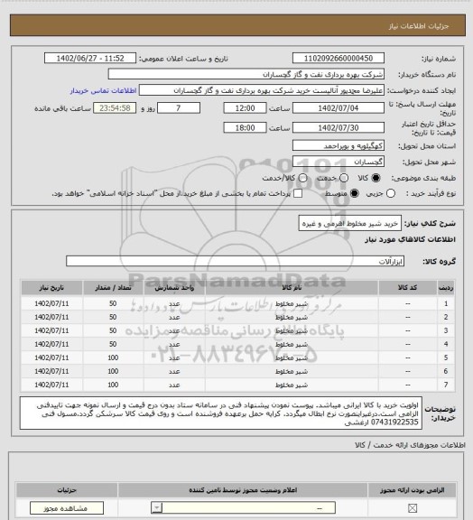 استعلام خرید شیر مخلوط اهرمی و غیره