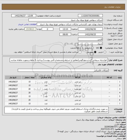 استعلام انواع پایه سیمانی گرد و چهارگوش(مطابق با شرایط و مشخصات فنی پیوست)
پرداخت 6 ماهه و بصورت ماهانه مباشد