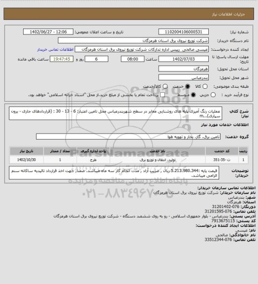 استعلام عملیات رنگ آمیزی پایه های روشنایی معابر در سطح شهربندرعباس محل تامین اعتبار: 6 - 13 - 30 : (قراردادهای جاری - برون سپاری)...m