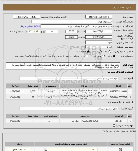 استعلام حتما پیش فاکتور بر اساس فایل پیوستی صادر گردد
پرداخت اعتباری 2 ماهه
هماهنگی الزامیست :نظومی
آبمیوه سن ایچ 2000 عدد
کیک پچ پچ3000 عدد