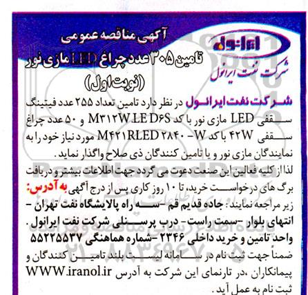 مناقصه تامین 305 عدد چراغ LED مازی نور