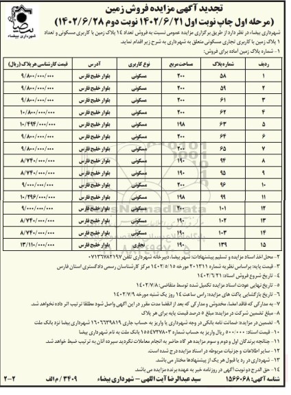تجدید مزایده فروش تعداد 14 پلاک زمین با کاربری مسکونی و تعداد 1 پلاک زمین با کاربری تجاری مسکونی ـ نوبت دوم