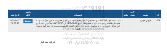 مزایده فروش 5 دستگاه خودرو 