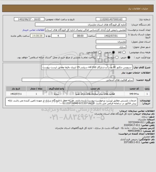 استعلام سرویس دتکتور (9 عدد) و شارژگاز mf-200 سیلندر 25 لیتری دقیقا مطابق لیست پیوست