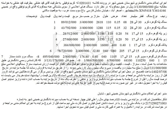 مزایده فروش سنگ پله گوهره کرم  