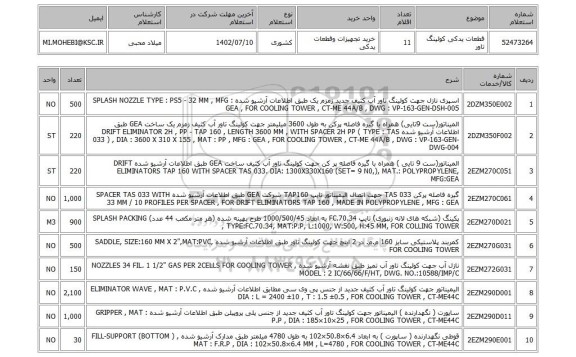 استعلام، قطعات یدکی کولینگ تاور