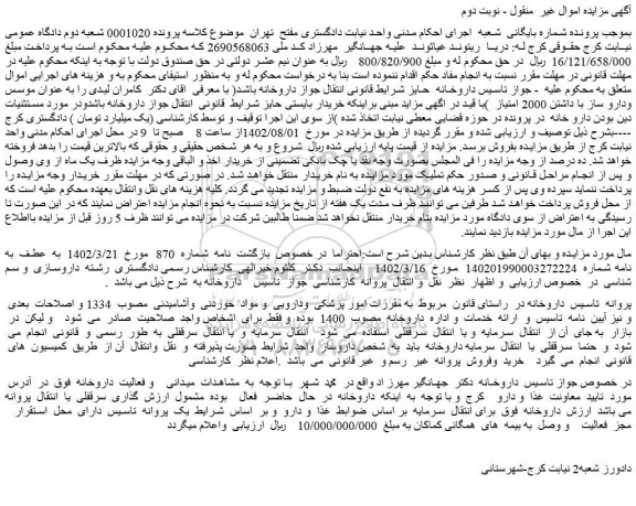 مزایده پروانه تاسیس داروخانه