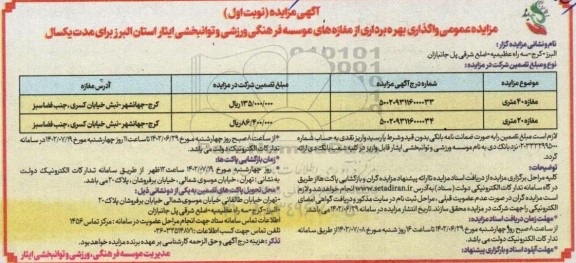 مزایده عمومی واگذاری بهره برداری از مغازه های موسسه