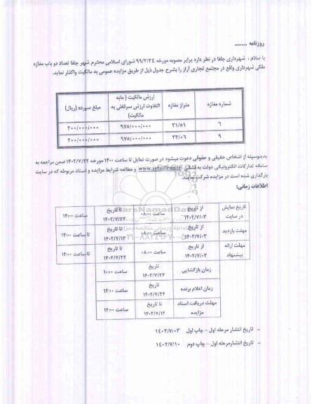 مزایده واگذاری تعداد دو باب مغازه ملکی شهرداری واقع در مجتمع تجاری آراز