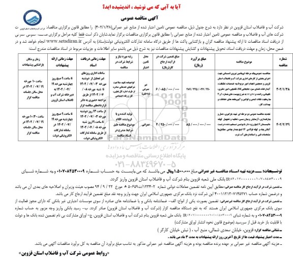 مناقصه تامین نیروی انسانی جهت اجرای بخشی از کارهای اداری شرکت آب و فاضلاب و....