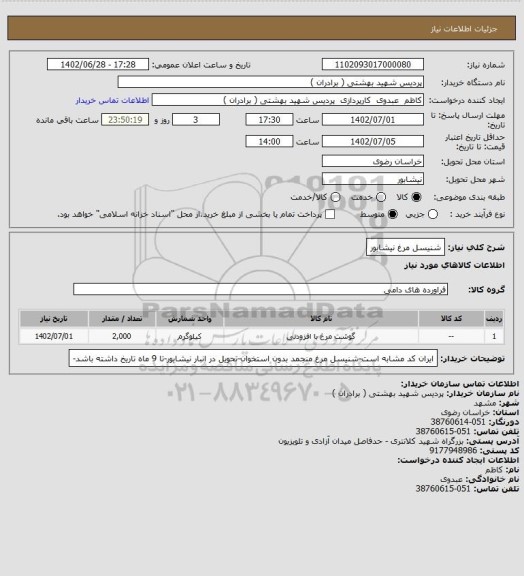 استعلام شنیسل مرغ  نیشابور