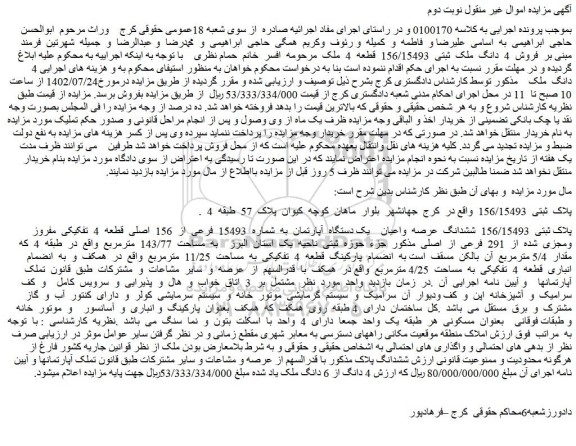 مزایده فروش 4 دانگ ملک ثبتی 156/15493 قطعه 4 ملک