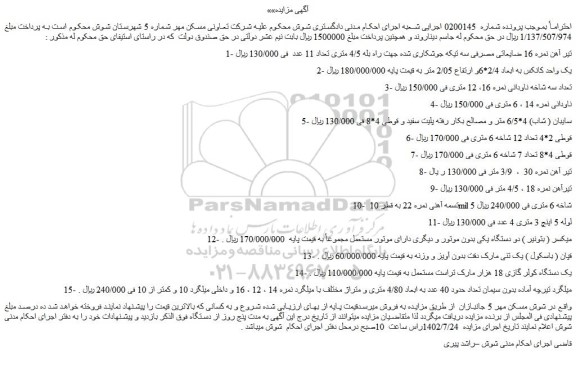 مزایده فروش تیر آهن نمره 16 ضایعاتی مصرفی سه تیکه جوشکاری شده جهت راه بله 4/5 متری تعداد 11 عدد و...