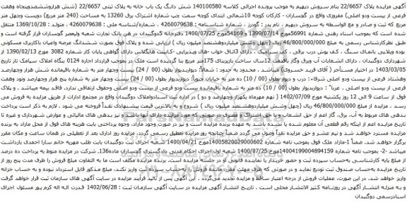 آگهی مزایده شش دانگ یک باب خانه به پلاک ثبتی 22/6657 (شش هزاروششصدوپنجاه وهفت فرعی از بیست ودو اصلی)