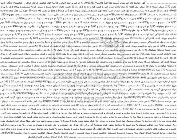 مزایده یک قطعه آپارتمان پلاک ثبتی چهل و هفت هزار و نوزده فرعی 