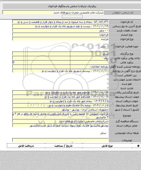 مزایده, فراخوان عمومی ۱۶ قطعه زمین با کاربری مسکونی و تجاری ناحیه ای واقع در فاز ۳ و ۴ عالیشهر