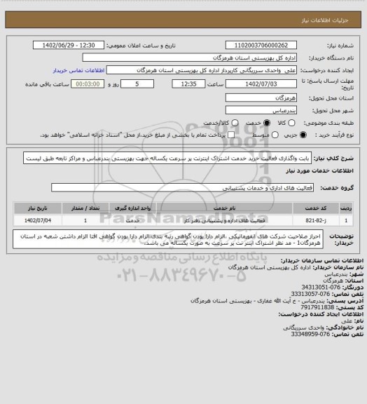 استعلام بابت واگذاری فعالیت خرید خدمت اشتراک اینترنت پر سرعت یکساله جهت بهزیستی بندرعباس و مراکز تابعه طبق لیست