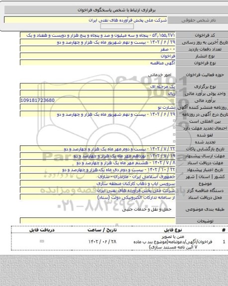 مناقصه, سرویس ایاب و ذهاب کارکنان منطقه ساری