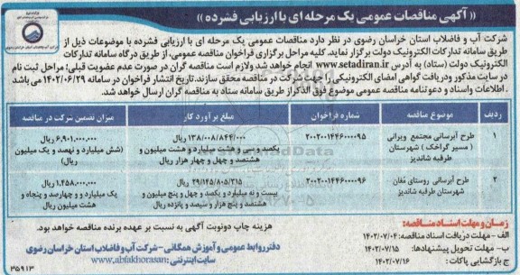 آگهی مناقصه عمومی طرح آبرسانی مجتمع ویرانی مسیر گراخک......