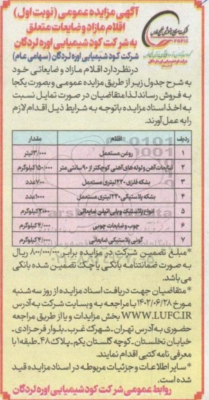 آگهی مزایده عمومی اقلام مازاد و ضایعات متعلق
