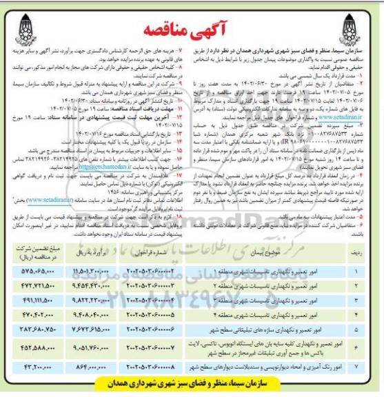 مناقصه امور تعمیر و نگهداری تقسیمات شهری ...