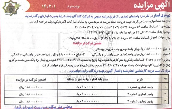 مزایده اجاره سه واحد تجاری - نوبت دوم 