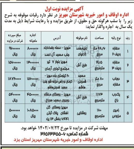 مزایده اجاره رقبات موقوفه