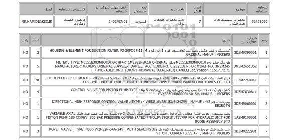 استعلام، تجهیزات سیستم های هیدرولیکی
