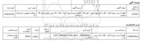مناقصه عمومی دو مرحله ای، گلوله آسیاب ریخته گری - 29 تا 31 درصد کروم - قطر 50 میلیمتر